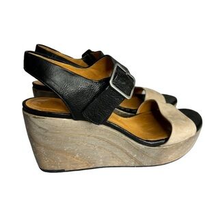 Coclico Black Gray Leather Wood Wedge Sandals Women’s Size 37 US 6.5-7